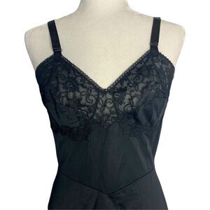 Vintage 50s Lingerie Nylon Slip S Black Lace Sweetheart Midi Length